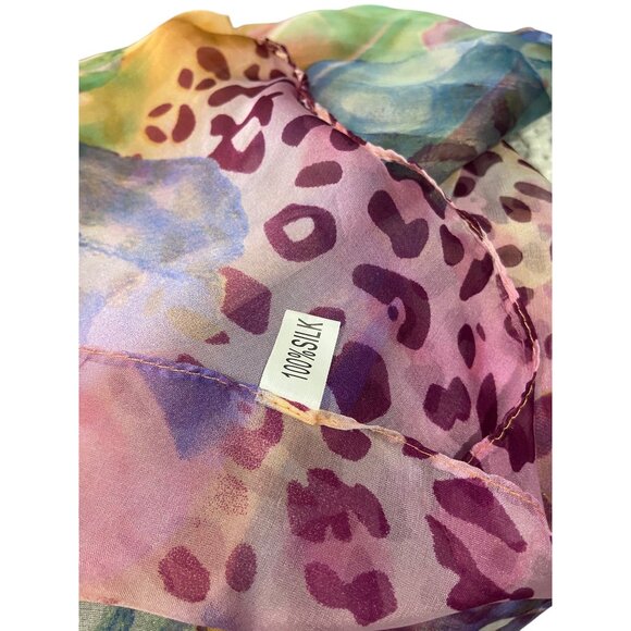 Boutique Leopard Floral Print 100% Silk Scarf Pink One Size Boho Coastal Flowy - Picture 3 of 12